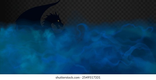 Fantastic water dragon underwater inside the stormy ocean with huge waves vector illustration.  Dark blue aqua dragon monster defending his house isolated on the semi transparent dark background. 