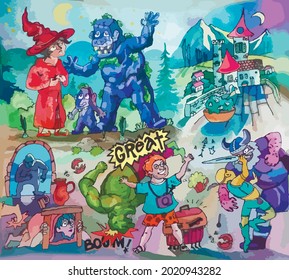 Fantastic watercolor illustration-comic with a stone troll, a wizard, against the background of a castle, forest, mountains and a tavern with elements of fighting, magic and fun at night