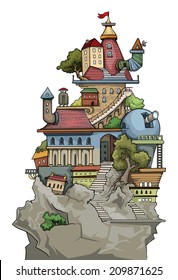 Fantastic weird cute colorful city village, with various buildings and trees, vector illustration