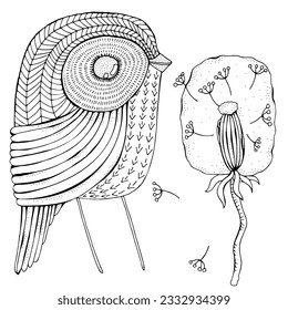 Fantastic Whimsical Bird: Black and White EPS Vector Clip Art for Adult Coloring Book Page. Doodle style. Zentangle.	