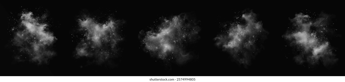 fantastic white smoke effect. It is magical smoke with glitter and small particles of twinkling stars, fog with glowing particles, blue vapor with stardust on a black background.
