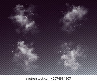 fantastic white smoke effect. It is magical smoke with glitter and small particles of twinkling stars, fog with glowing particles, blue vapor with stardust on a black background.