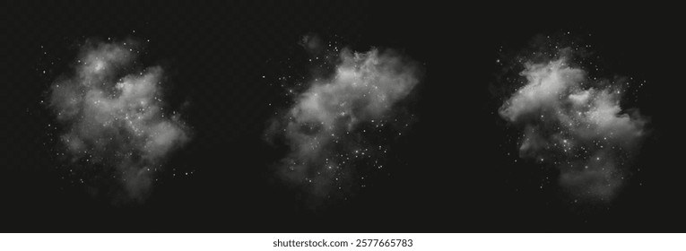  fantastic white smoke effect. It is magical smoke with glitter and small particles of twinkling stars, fog with glowing particles, blue vapor with stardust on a black background