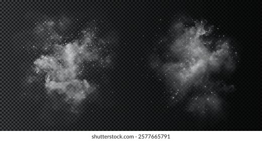  fantastic white smoke effect. It is magical smoke with glitter and small particles of twinkling stars, fog with glowing particles, blue vapor with stardust on a black background