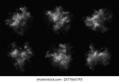  fantastic white smoke effect. It is magical smoke with glitter and small particles of twinkling stars, fog with glowing particles, blue vapor with stardust on a black background