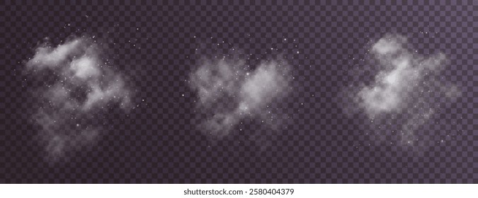 fantastic white smoke effect. It is magical smoke with glitter and small particles of twinkling stars, fog with glowing particles, blue vapor with stardust on a black background