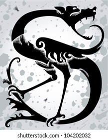 Fantastic winged beast with a huge jaw against the background of grunge spots.