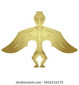 Fantastic winged bird man. Ancient Siberian tribal totem. Ancestor idol. Permian style. Golden jewelry design.