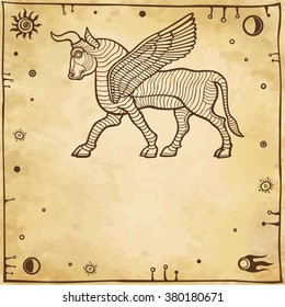   Fantastic winged bull. A place for the text. Imitation of old paper.