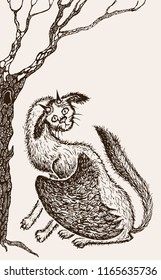 A fantastic winged cat sits under magic tree
