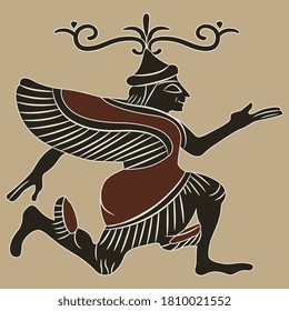 Fantastic winged character. Ancient Greek or Etruscan motif. Monochrome silhouette.