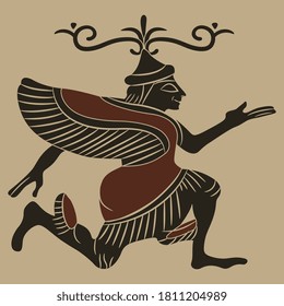 Fantastic winged character. Ancient Greek or Etruscan motif. Monochrome silhouette.