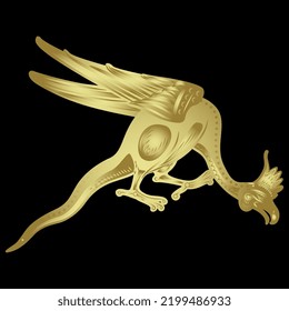 Fantastic winged dragon or basilisk with rooster head. Medieval Gothic illuminated manuscript motif. Golden glossy silhouette on black background.