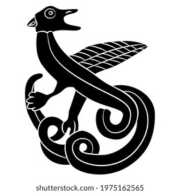 Fantastic winged dragon. Medieval Celtic animal design. Black and white negative silhouette.