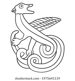 Fantastic winged dragon. Medieval Celtic animal design. Black and white linear silhouette.
