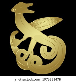 Fantastic winged dragon. Medieval Celtic animal design. Golden glossy silhouette on black background.