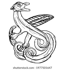 Fantastic winged dragon. Medieval Celtic animal design. Hand drawn linear doodle rough sketch. Black silhouette on white background.