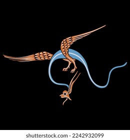 Fantastic winged dragon. Medieval illuminated manuscript animal design. On black background.