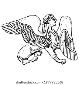 Fantastic winged female sphinx. Ancient Greek mythological creature. Half woman half lion. Hand drawn linear doodle rough sketch. Black silhouette on white background.