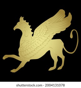 Fantastic winged griffin. Ancient Greek or Roman antique animal motif. Golden glossy silhouette on black background.