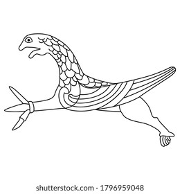 Fantastic winged griffin. Medieval viking decor. Black and white linear silhouette.