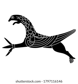 Fantastic winged griffin. Medieval viking decor. Black and white silhouette.