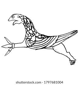 Fantastic winged griffin. Medieval viking decor. Hand drawn linear doodle ink sketch. Black silhouette on white background.
