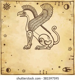 Fantastic winged griffon. Profile view. A place for the text. Imitation of old paper.