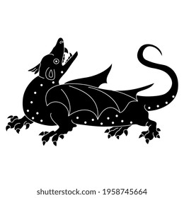 Fantastic winged medieval dragon. Black and white silhouette. Isolated vector illustration.