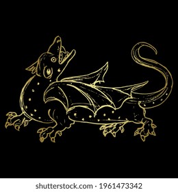 Fantastic winged medieval dragon. Hand drawn linear doodle rough sketch. Golden glossy silhouette on black background.