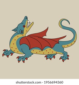 Fantastic winged medieval dragon. Isolated vector illustration. On light background.