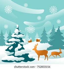 Fantastic winter background with deer, trees and snow in flat design
