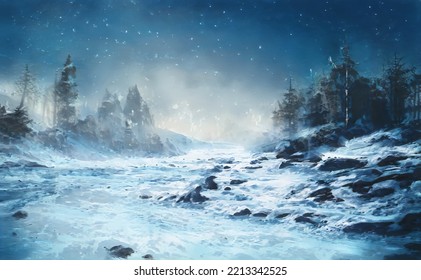 Fantastic Winter Epic Landscape of Mountains. Christmas Celtic Medieval forest. Frozen nature. Snowy Glacier. Mystic Valley. Artwork sketch. Gaming RPG background. Book cover, poster, banner	