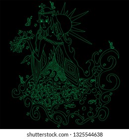 Fantastic witch, hand-drawn, beauty of nature in a woman