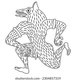 Fantastic wolf man. Ancient Etruscan animal design. Vase painting style. Black and white linear silhouette.