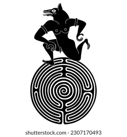Fantastic wolf man on a round spiral maze or labyrinth symbol. Ancient Etruscan mythological design. Black and white silhouette.