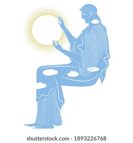 Fantastic woman as cloudy day night holding beaming sun. Creative concept. Goddess of nature.