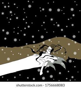 Fantastic woman with snake hair sleeping in winter underground under snowflakes. Goddess Persephone archetype. Metaphor for seasons of nature. Hand drawn original style art.