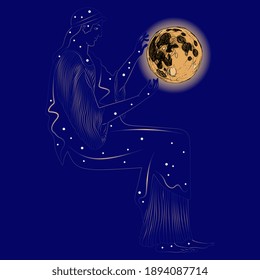 Fantastic woman as starry night holding full moon. Ancient Greek goddess Nyx or Selene. 