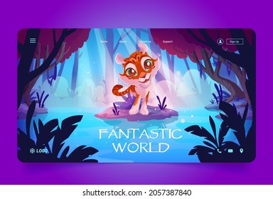 Fantastic world banner with cute tiger in magic forest. Vector landing page with cartoon fantasy illustration of happy wild kitten and woods landscape with lake and trees