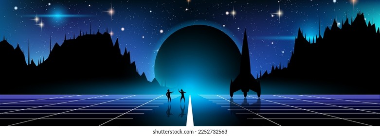 Fantastic world, deep space alien planet vector concept illustration. Web banner, header design template. Starry night background with mountains and space ship