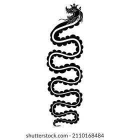 Fantastic writhing snake or dragon in royal crown. Folk style. Black and white negative silhouette.