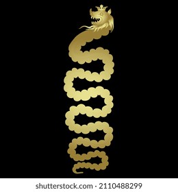 
Fantastic writhing snake or dragon in royal crown. Folk style. Golden glossy silhouette on black background.