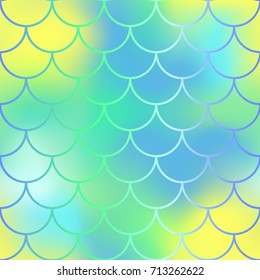 Fantastic yellow green fish skin vector pattern. Mermaid seamless pattern. Fish scale vector pattern. Mermaid tail background. Fish skin texture in pastel colors. Mermaid skin surface. Wedding pattern