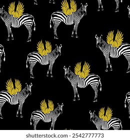 Fantastic zebra with wings seamless pattern. Character illustration on black background. 