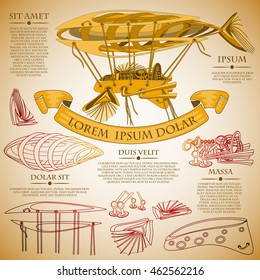 Fantastic Zeppelin airship paper plan. Futuristic or steampunk tattoo design. Isolated vector collapsible composition.