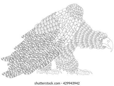 Fantastical Bird Coloring Book. Amazing Bald Eagle With Feathers And Patterns And Plumage. Black And White. Beautiful And Fun Image To Color In. Indian, Tribal, Zentangle Patterns. 