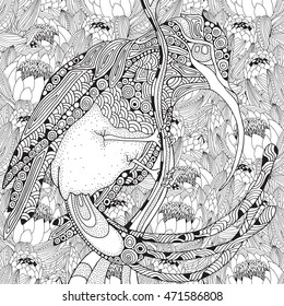 Fantastical Bird coloring book. Amazing sunbird with Protea flower and patterns. Black and white. Beautiful and Fun Image to Color In. Indian, tribal, zentangle patterns. 