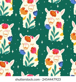 Fantastisches florales Lama. Nahtloses Muster mit Lamas. Niedliche Märchen-Lamas-Figuren. Kinderähnliche und sanfte Lamas. Schönes Muster. Vektorgrafik. Muster für Druckdesign, Geschenkdekoration