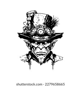 Fantastical and intriguing Hand drawn line art illustration of a troll head, showcasing mythical charm and otherworldly features